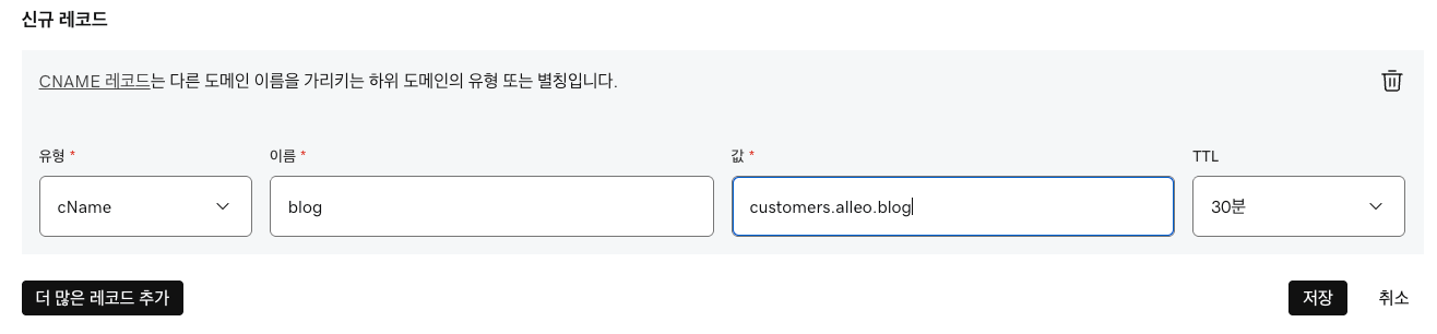 GoDaddy CNAME 레코드 추가 화면